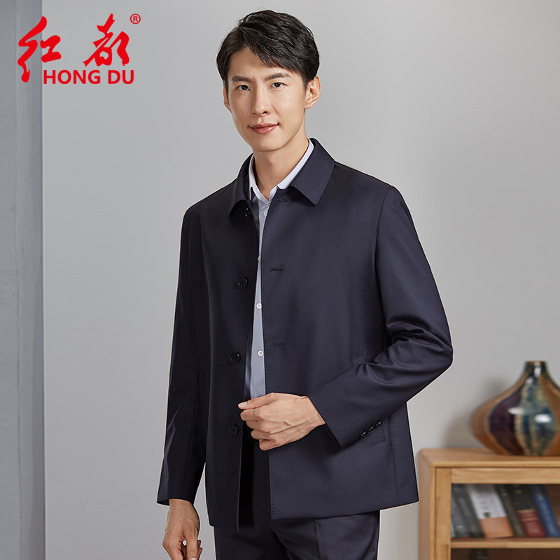 红都男士羊毛夹克翻领纯色扣子款夹克衫四季穿商务行政大码外套男
