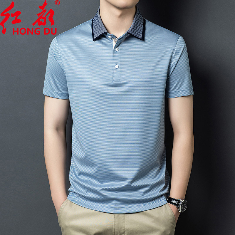 【三醋酸】红都夏季新款短袖polo衫男商务翻领抗皱条纹翻领T恤男