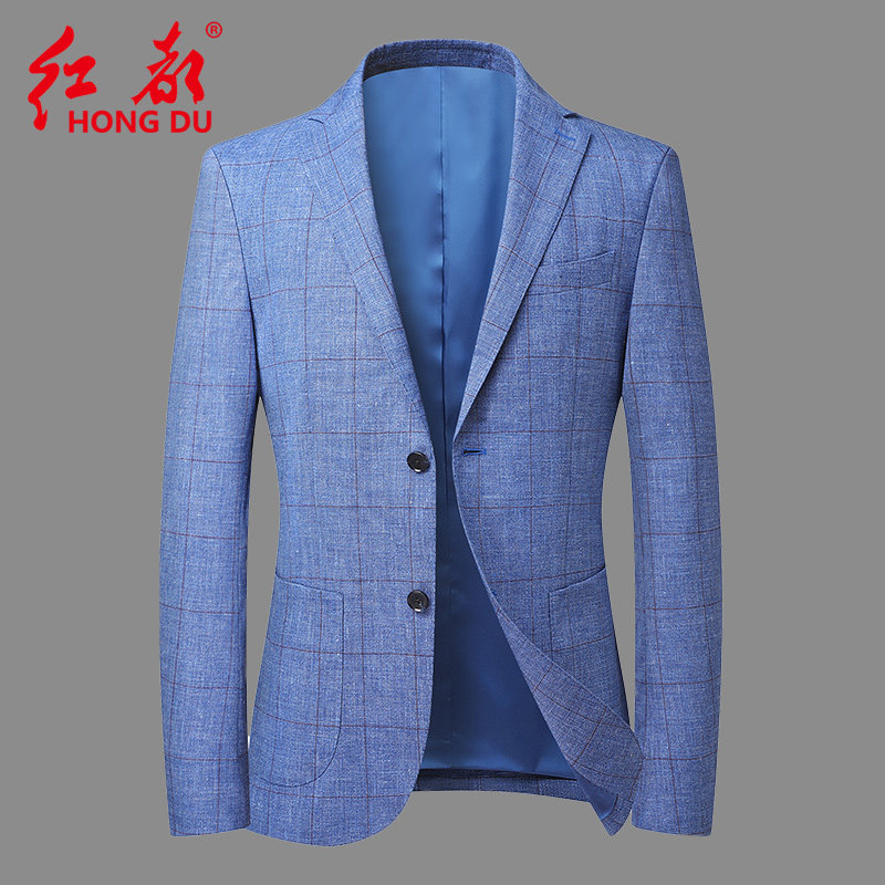 红都春季男士新款羊毛西服商务休闲两侧开叉单西便西格子亚麻外套