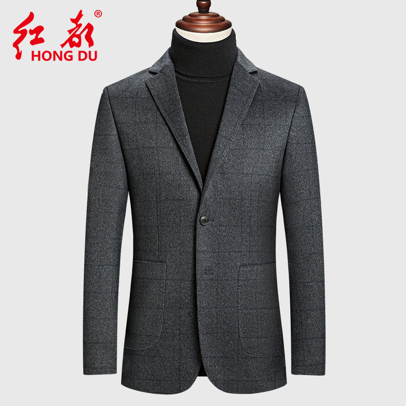 红都冬季厚款羊毛西服男格子款平驳头便西羊绒混纺西装毛呢外套男